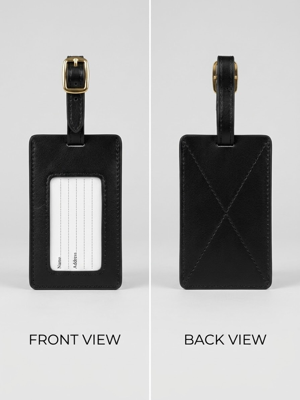 Black Leather Luggage ID Tag with Gold-Tone Buckle